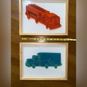Boy’s room wall decor fire truck and truck. Dimensions in pictures